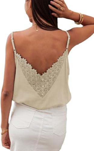 ZIYYOOHY Damen V Ausschnitt Spitze Tanktop Spaghettiträger lässiges Basic Camisole Oberteil Sommer ärmelloses Blusen (6012 AP L)