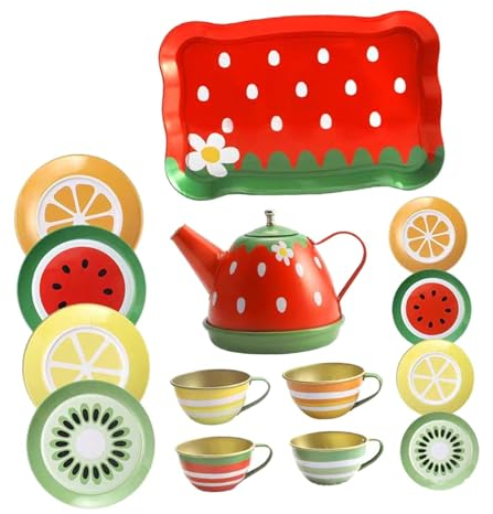 Badiman Afternoon Tea Set Toys with Metal Teapots Cups Plates Princess Toys for Toddlers, Fruit