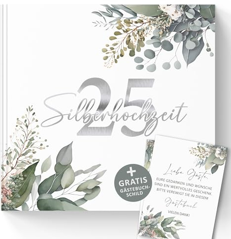 Trendanchor 25 Silberhochzeit Gästebuch – Geschenkidee zum 25. Hochzeitstag für Eltern oder Freunde mit Silberprägung – 72 Seiten ohne Fragen zum Ausfüllen (25 Silberhochzeit/Eukalyptus)