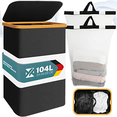 YRHome Wäschekorb 2 Fächermit Deckel wäschesammler Faltbare Wäschebox Wäschesortierer 2 Herausnehmbare Wäschesäcke und verbessertes Deckeldesign für Bad und Schlafzimmer (Typ B 104L, Schwarz)