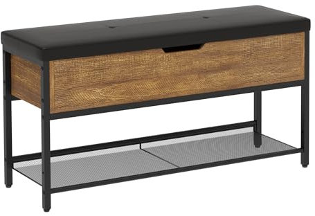 Mondeer Schuhbank mit Stauraum, Schuhregal mit Gepolsterter Sitzfläche und verstellbares Regal Kunstleder Industriestil für Flur Eingang Schlafzimmer, 96 x 30 x 50 cm, Vintagebraun-schwarz