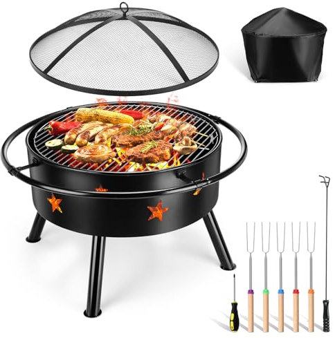 HaSteeL Braciere da esterno da 76 cm, braciere rotondo a legna con schermo scintillante, attizzatoio lungo, bastoncini per arrosti, griglia e copertura nera, grande per esterni, cortile, patio,