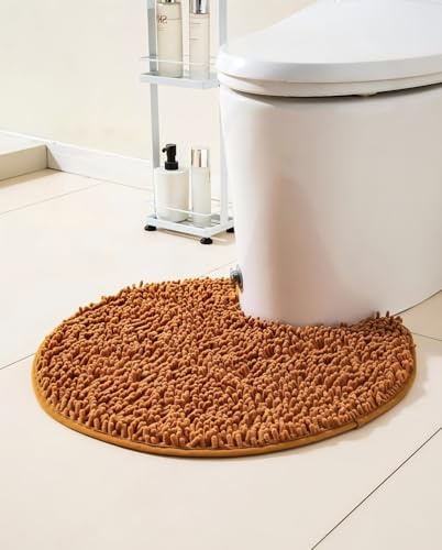 Puniamol Soft Shaggy Round Toilet Rug U Shaped for Bathroom, Excellent Absorbent Contour Toilet Mat Machine Washable, Non-Slip Microfiber Chenille Bathroom Rugs 24 Coral