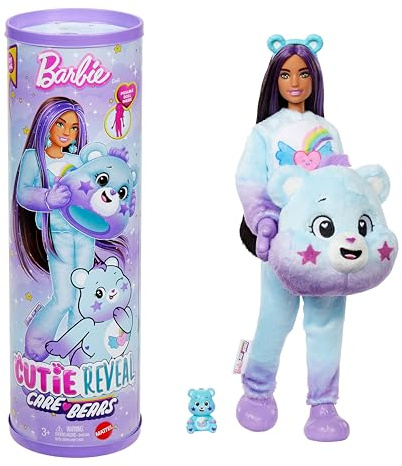 Barbie Poupée Cutie Reveal Bisounours, avec Costume en Peluche Touvaillante et 10 Surprises, y Compris Changement de Couleur et Mini Ours, JFV61
