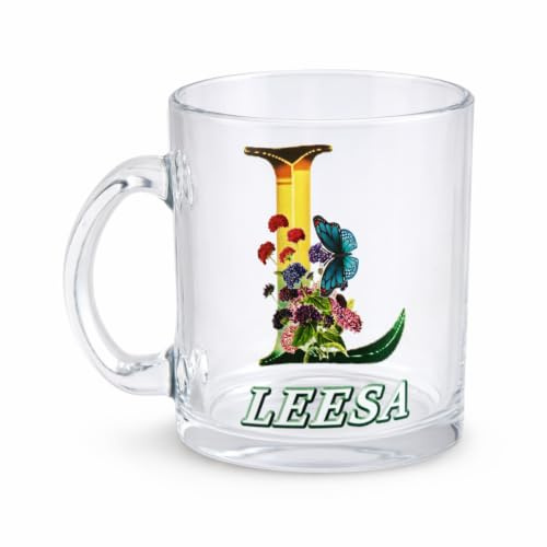 Klassek Personalised Glass Mug Custom Name & Floral Initial Coffee Cup 10oz | Transparent 12x8 cm glassware for hot tea drinks. Custom printed on 2 sides. Ideal bespoke gift for wife, mum, or colleague.