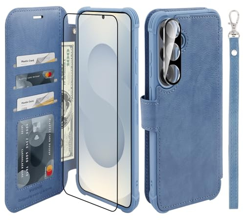 VANAVAGY Wallet Case for Galaxy S25-6.2 Inch,Blue | PU Leather Flip Folio,Slim,12ft Drop Protection,RFID Blocking Card Holder,Kickstand,Wrist Strap,Includes Screen Protector