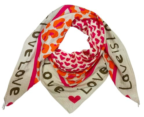 Love Herz Leopard Dreieck Schal aus 100% Baumwolle Frühling Unisex Uni Fashion Stola Tuch Übergangszeit Italy Sommer Strickschal Strick Tuch Heart Leo Happy