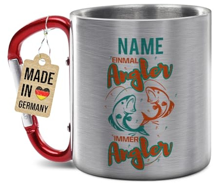 Tassendruck Edelstahl-Tasse mit Name selbst gestalten - Einmal Angler, immer Angler - Geschenk für Angler, Petri Heil, Geburtstagsgeschenk - Personalisiertes Geschenk, Karabiner-Tasse, 200 ml