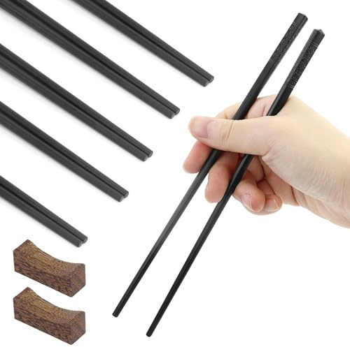 5 Paar EssStäbchen und 5 pcs Essstäbchenbblagen,Japanische Esstäbchen Ess Stäbchen,Kirschblüten Muster Stäbchen Schwarz für Asiatisches Geschirr Wiederverwendbare