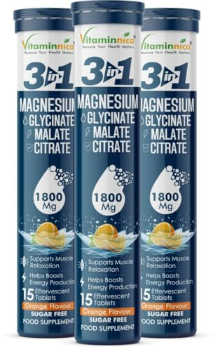 Vitaminnica Magnesium 3-in-1 Effervescent- 15 Tablets Each Orange Flavour | High Absorption Magnesium Malate, Citrate & Glycinate – Energy, Muscle Function & Relaxation – Sugar-Free (Pack of 3)
