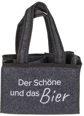 mucHome Filz Einkaufstasche mit lustigem Bier-Spruch mit 6 Fächern für Bierflaschen, Grau, Shopper mit Tragegriffen (Der Schöne und das Bier)