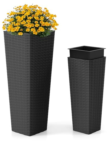 COSTWAY 2er Pflanzkübel mit Innentopf, Rattan, stapelbar, Schwarz | 82 cm / 60 cm hoch, Blumentöpfe mit Löchern, Pflanzgefäße Übertopf für Garten Terrasse Hinterhof Balkon
