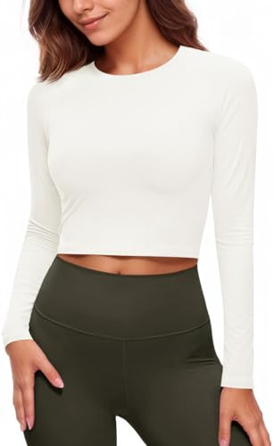 Fisoew Damen Sportshirt UPF 50+ Sonnenschutz Langarm Rundhals Yoga Shirt Workout Crop Tops Atmungsaktiv Slim Fit T-Shirts,Weiß,S