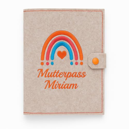 Personalisierte Mutterpass Hülle | Filzhülle | hochwertig und einzigartig bestickt | viele Schriftarten| Filzarben zur Auswahl | Mutterpasshülle Regenbogen