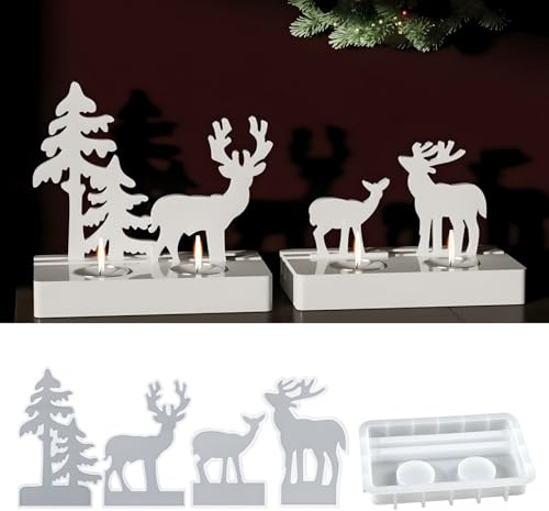Silikonformen Gießformen Weihnachten, 5 Stück Silikonform Tannenbaum Elch Silikonform Weihnachten mit Sockel Silikonformen Kerzenhalter Gieß form Elch Baum Gips zum Gießen Gießformen Kerzenhalter (A)