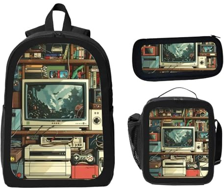 ZaCosy Vintage Gaming Consoles and Classic Game Collection Backpack with Lunch Box Pencil Set 3 Women Men