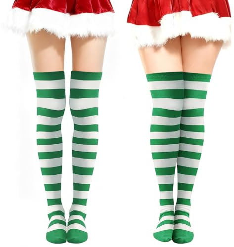 2 Paires Chaussettes Hautes Rayées Vert et Blanc Bas Lutin de Noël Thigh High Socks Accessoires pour Costumes de Noël Convient Aux Femmes, Adolescentes, pour un Usage Quotidien et Les Fêtes