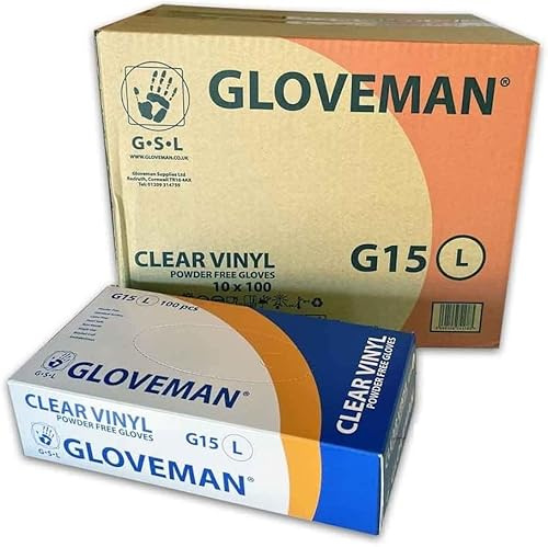 HOUSE OF TAPES Clear Vinyl Disposable Gloves Large Powder Free Latex Free Food Safe with Beaded Cuffs – Case of 1000 (10 Boxes x 100 Gloves) LARGE SIZE + HOT Logo Sticker