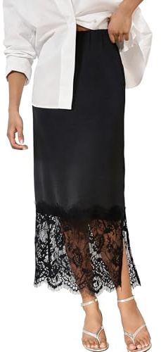 Faymlc Women Lace Trim Long Satin Skirt Silk Midi Slip Skirt Elegant Flowy A-Line Midi Skirts (Split Black, L)