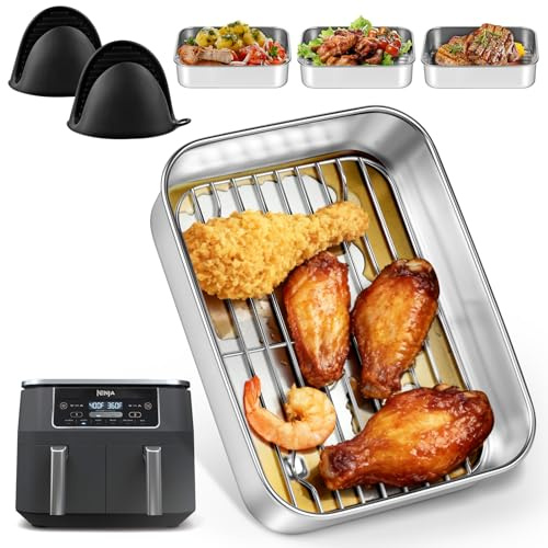 Plat à gratin en acier inoxydable pour Airfyer – Avec égouttoir, couvercle d'étanchéité et poignées de protection contre la chaleur, accessoires de friteuse à air chaud, compatible avec Ninja, Cosori
