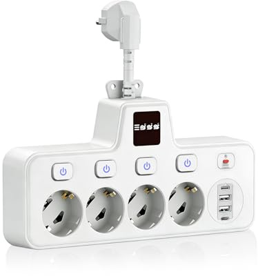 Xeletu Adattatore a 4 prese con luce notturna touch, 2 porte Type-C, 2 porte USB, presa EU, ciabatta elettrica, interruttore singolo, protezione da sovratensione, per ufficio, casa, viaggi