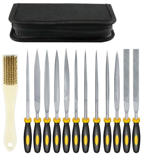 Needle File Set, 13Pcs Carbon Steel Small Precision Needle Files Set with Flat, Round, Triangle, Square, Half-Round Files, Cleaning Brush & Carrying Case for Wood and Metal Work DIY Metal File