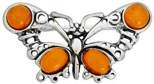Sterling Silver Baltic Amber Butterfly Brooch Pin for Women Antiqued Finish Approx. 1 3/16 inch Wide