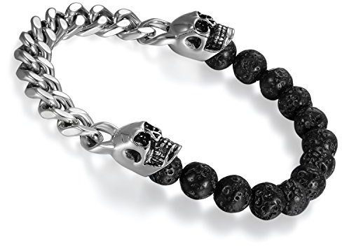 Flongo Bracelet en Pierre Volcanique Tête de Mort Crâne Acier Inoxydable Noir Argent Chaîne de Main Fantaisie Bijoux pour Homme