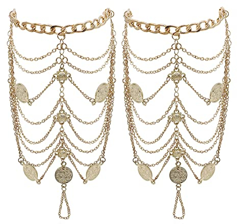EQLEF Fußkettchen boho Vintage Knöchel Armbänder für Frauen Goldene Münze Segen Symbol Strand Knöchel Quaste Fuß Ketten 2-teilig (Golden)