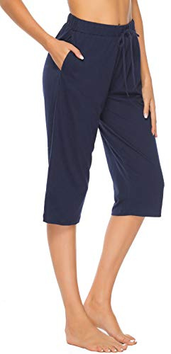 Vlazom 100% Cotton Women's Pajama Bottoms Casual Capri Pants Short Ladies Lounge Pants with Pockets Drawstring Sleepwear, Navy, M