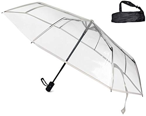 Sternenfunke Regenschirm transparent Ø98 cm Komfort Druckknopf mit Tragehülle Automatik faltbar klein in Tasche Taschenschirm transparent für Hochzeiten durchsichtiger Regenschirm klein - Rand weiß