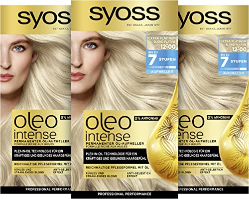 Syoss Oleo Intense Öl-Aufheller 12-00 Extra Platinum Stufe 3 (133 ml), dauerhafte Haarfarbe mit pflegendem Öl, Coloration ohne Ammoniak