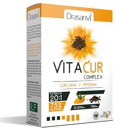 DRASANVI VITACUR CURCUMA CON PIMIENTA NEGRA |Salud articular y procesos antiinflamatorios |Curcuma en capsulas | Curcumina y Piperina al 95%| Sin Gluten| 36 capsulas = 36 días