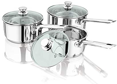 Penguin Home Saucepan Sets 16cm, 18cm & 20cm Stainless Steel Sauce Pan Sets with Induction Hob & Glass Lid/Double Pouring Lips MilkPan/Cookware Set Cooking Pots & Pans/Dishwasher Safe