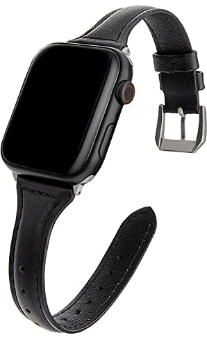SEURE Kompatibel mit Apple Watch Armband 38mm 40mm 41mm,Damen Herren Soft Uhrarmband Slim Ersatzarmband Lederarmband mit Edelstahl-Verschluss für Serie SE/8/7/6/5/4/3/2/1 Schwarz/Silber Schnalle