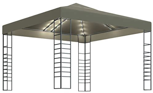 vidaXL Carpa Cenador de Jardín con Tira de Luces Pérgola Lateral Patio Toldo Sombrilla Parasol Tienda Carpa Marquesina Desmontable 3x3m Taupé 180 g/m²