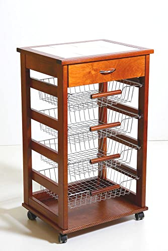Totò Piccinni Carrellino in Legno da Cucina con Rotelle Mattonelle e Cestelli in Acciaio (con Cassetto, Ciliegio)