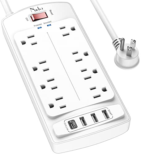 6FT Surge Protector Power Strip, Nuetsa Extension Cord with 8 Outlets and 4 USB Ports, 6 Feet Power Cord (1625W/13A), 2700 Joules, ETL Listed, White