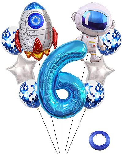 Kawailay Weltraum Luftballon Set Astronauten Geburtstag Deko 6 jahre Astronauten Raketen Folienballon Blau Zahl 6 Luftballons Aluminium Ballon für Kinder Jungen Mädchen Geburtstag Party