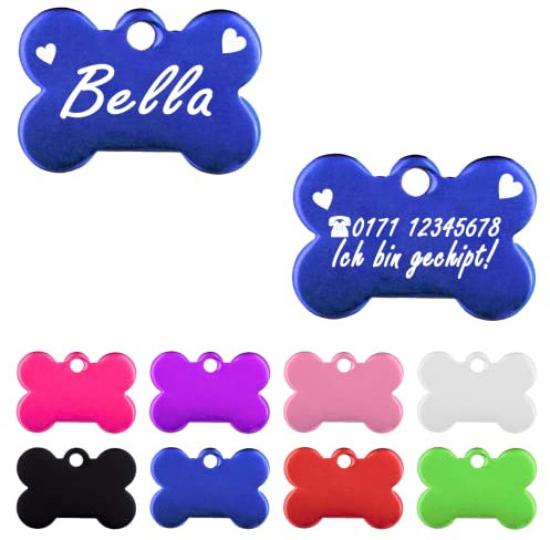 Iberiagifts - Hundemarke Knochen mit Gravur und Herzen für sehr kleine Welpen - Hunde - Katzen Haustier Plakette Anhänger Halsband Medaillon graviert personalisiert (Blau)