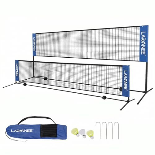 LARMNEE Badminton Netz, 5 m Volleyballnetz, Federballnetz, 3-Fach-Höhenverstellbar 107/120/155cm, Tragbares Set für Tennis, Badminton oder Volleyball, für Garten, Indoor, Outdoor ELH05BN02