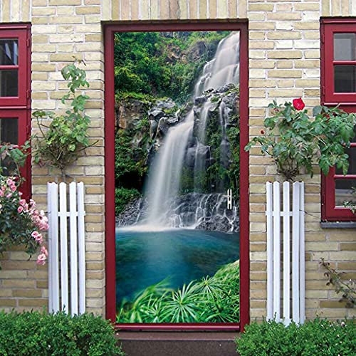JGCAI Türtapete 3D Selbstklebend Wald Alpiner Wasserfall Türposter Türaufkleber Innentür Wohnzimmer Schlafzimmer Badezimmer Wasserdicht Abnehmbare Türdeko Vinyl Wandbild Fototapete 77x200cm