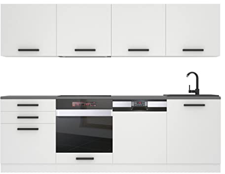 Belini Küchenzeile Küchenblock Alice - Küchenmöbel 240 cm Einbauküche Vollausstattung ohne Elektrogeräten mit Hängeschränke und Unterschränke, ohne Arbeitsplatten, Weiß matt