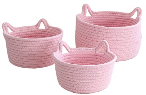 1pcs Aufbewahrungskorb Korb Baumwollseil Geflochten,Katzenohr Dekorativer Korb Kinderzimmer Aufbewahrungsbox Baby Spielzeug Organizer Windeltasche,Kleidung,Spielzeug,Wäschekorb,Kinderzimmer,Rosa,S