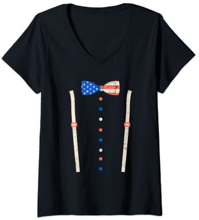 Damen Kummerbund Fliege Hosenträger USA Flagge Smoking Kostüm T-Shirt mit V-Ausschnitt