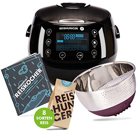 REISHUNGER Starter Set Digitaler Reiskocher & Dampfgarer Schwarz inkl. Kochbuch, Reiswaschschüssel und 8 Sorten Reis (8 x 200g)
