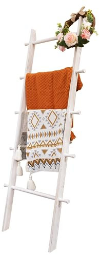 HYBDAMAI Blanket Ladder, 5-Tier Wooden Quilt Stand, Decorative Ladder Shelf, Farmhouse Ladder Blanket Holder, Wall Leaning Blanket Ladder Towel Storage Rack for Living Room, White