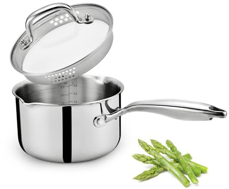 Cyrosa 3.5 Quart Stainless Steel Saucepan with Strainer Lid, Sauce Pot Sauce Pan for Stove Top, Two Side Spouts for Easy Pour, Dishwasher Safe