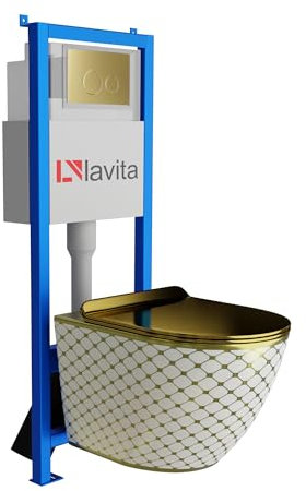 Lavita LAV 101 Élément mural pour WC 40 cm + évier mural SOFI SLIM CHECKED GOLD sans bord + panneau de commande doré LAV 200.4.5 | Kit complet | Réservoir de chasse encastré