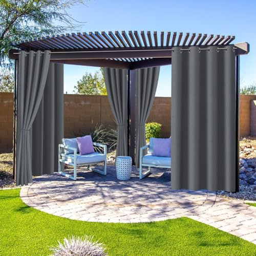 Fiqops Garden Outdoor Vorhang Wetterfest, Outdoorvorhänge mit Ösen(1.6 inch), Vorhang Sichtschutz Sonnenschutz für Terrasse, Balkon, Pavillon, Vorhang 213x132CM (HöhexBreite) Grau,2 Stück